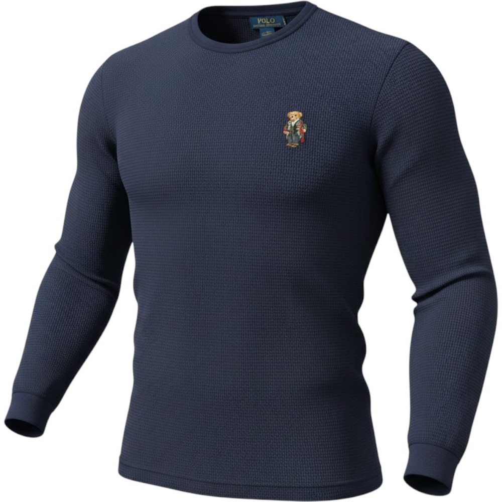 Polo Ralph Lauren Mens Navy Blue Waffle Knit Polo Bear Thermal Shirt Large